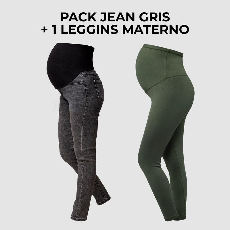 Pack Jean para Embarazadas Emma gris + Leggings Premium Ohm - Ohmamá Ropa de Maternidad